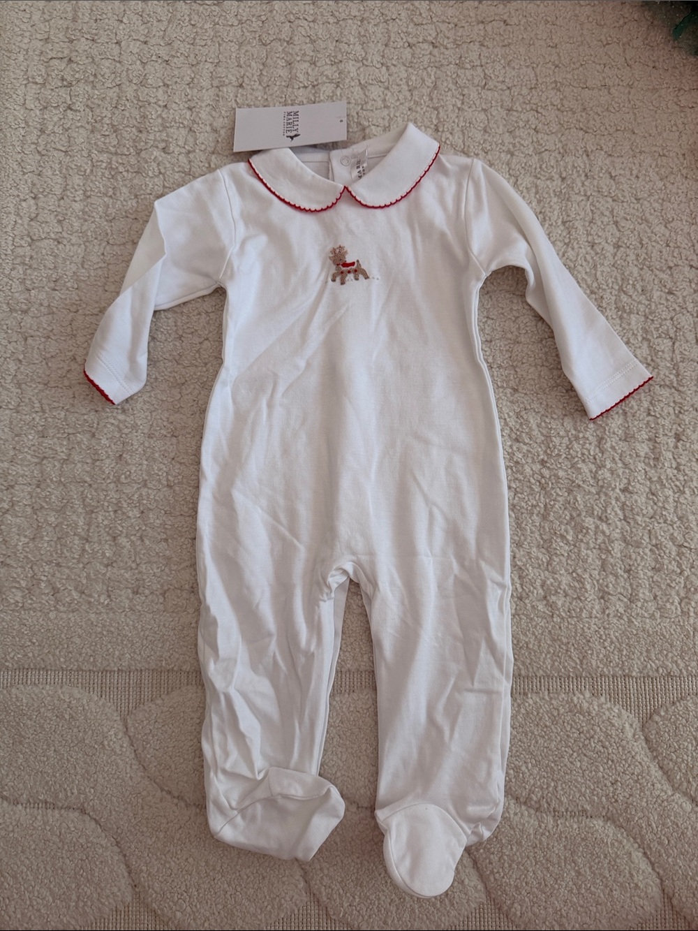 Classic White Footed One-Piece with Red Trim and Embroidered reindeer
